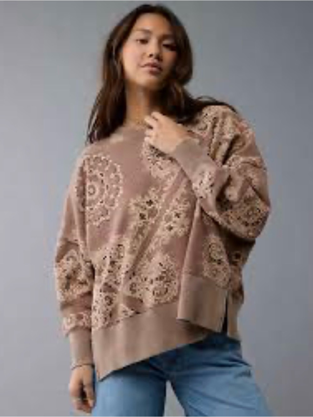 American Eagle Outfitters This Feels Seriously Lived In Taupe Paisley Sweatshirt